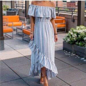 JACK by BB Dakota Off Shoulder Waterfall Ruffle Stripe Tulip Dress